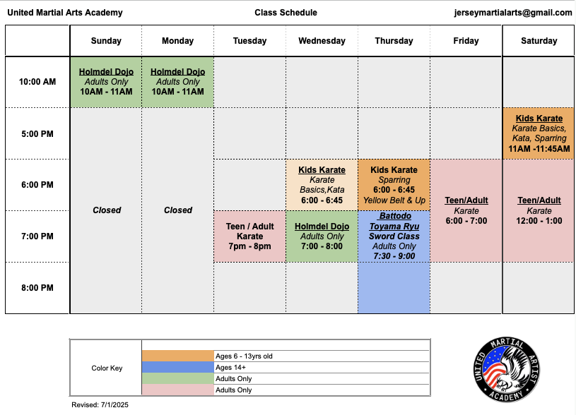 Class schedule table for United Martial Artist Academy, detailing weekly martial arts and fitness classes.